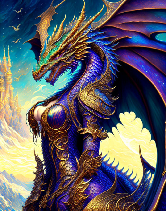 Majestic blue dragon with golden horns and castle scenery