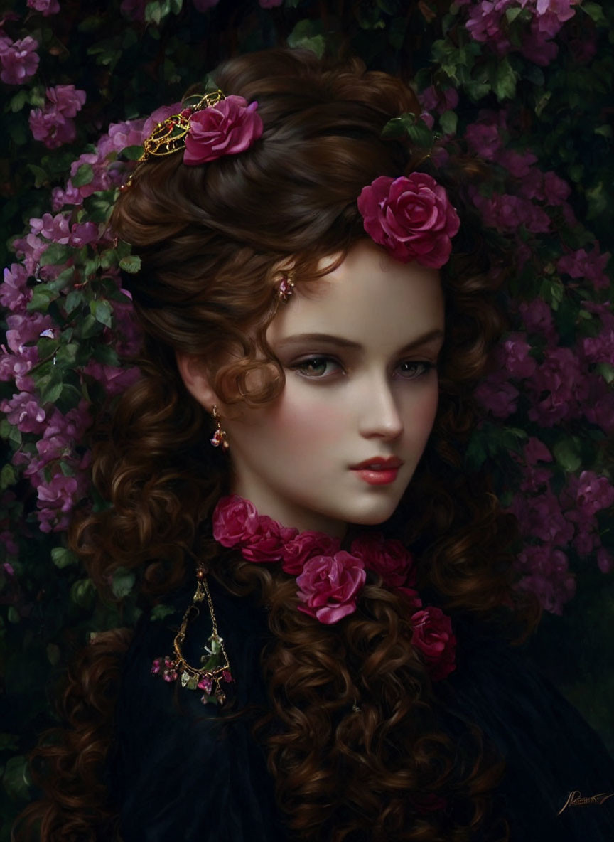 Portrait of woman with curly brown hair and rose-themed attire in floral setting