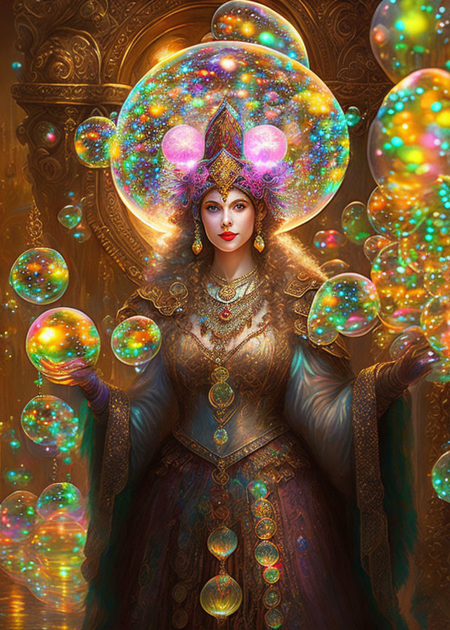 Regal Woman in Golden Attire Surrounded by Sparkling Bubbles