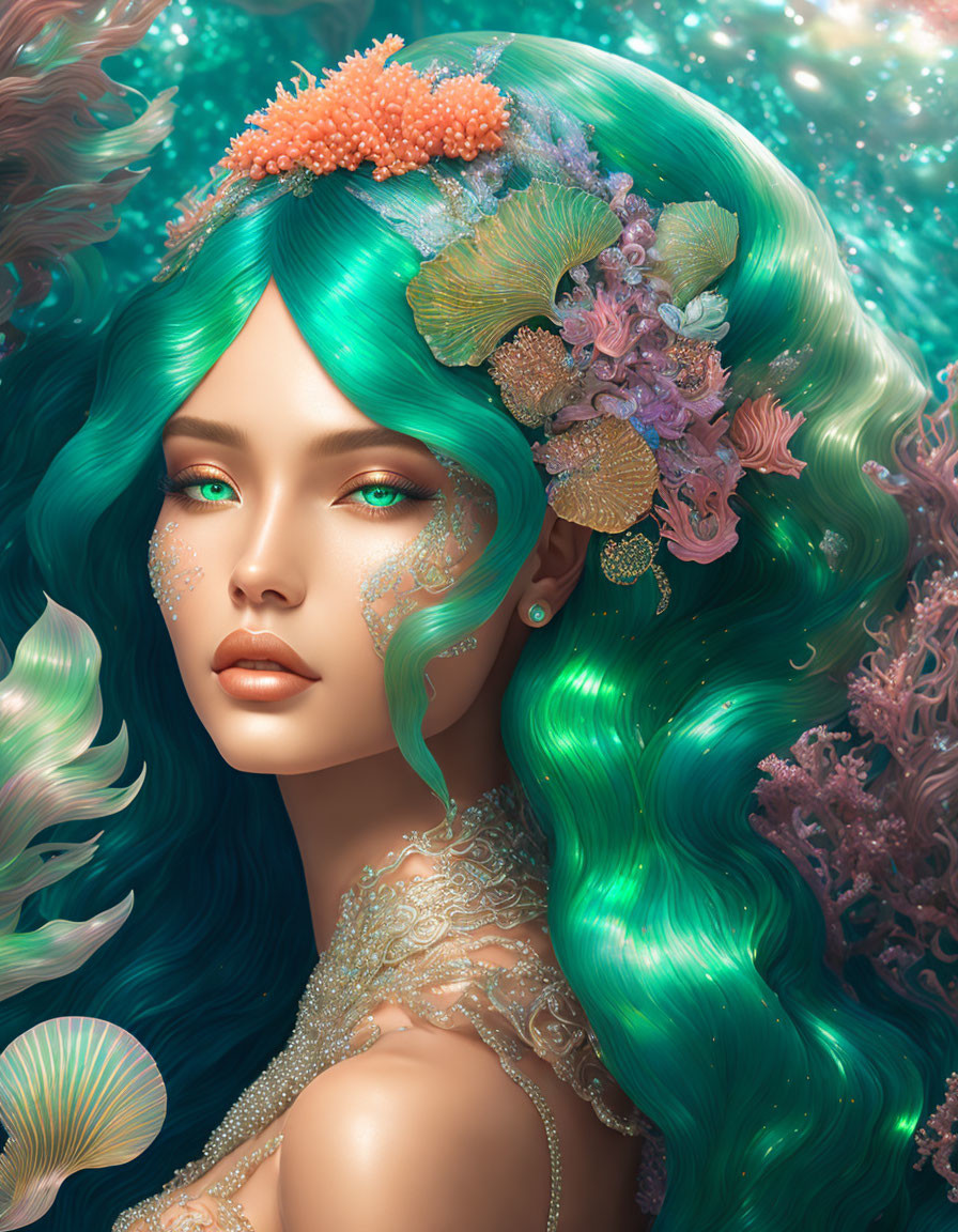 Vibrant teal hair and glittery skin on a fantastical sea nymph portrait