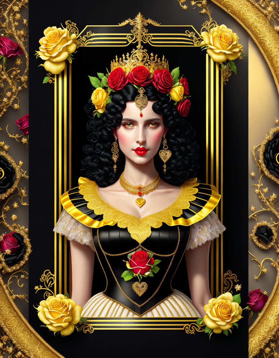 Illustrated portrait of queen with red flowers, ornate jewelry, black and gold dress, holding rose