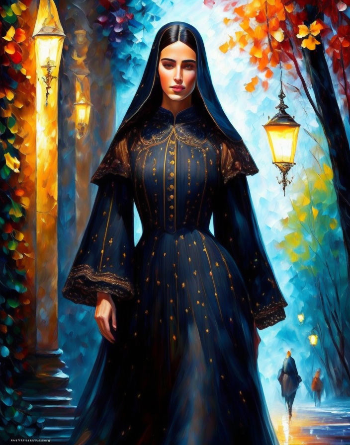 Woman in Black and Gold Dress on Autumn Pathway with Glowing Lanterns