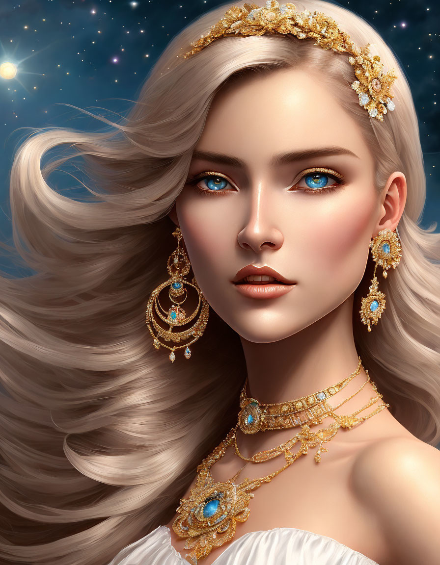 Blonde woman with blue eyes in gold jewelry on starry backdrop