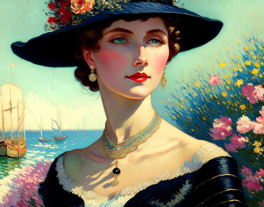 Woman in Elegant Hat and Jewelry by Sea with Boats and Flowers in Vibrant Artistic Style