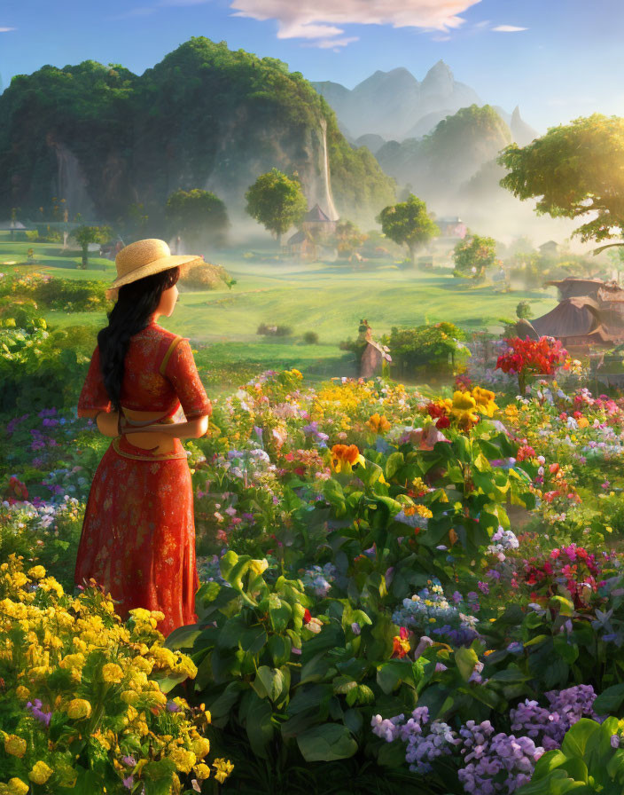 Woman in Red Dress Surrounded by Flowers and Misty Mountains