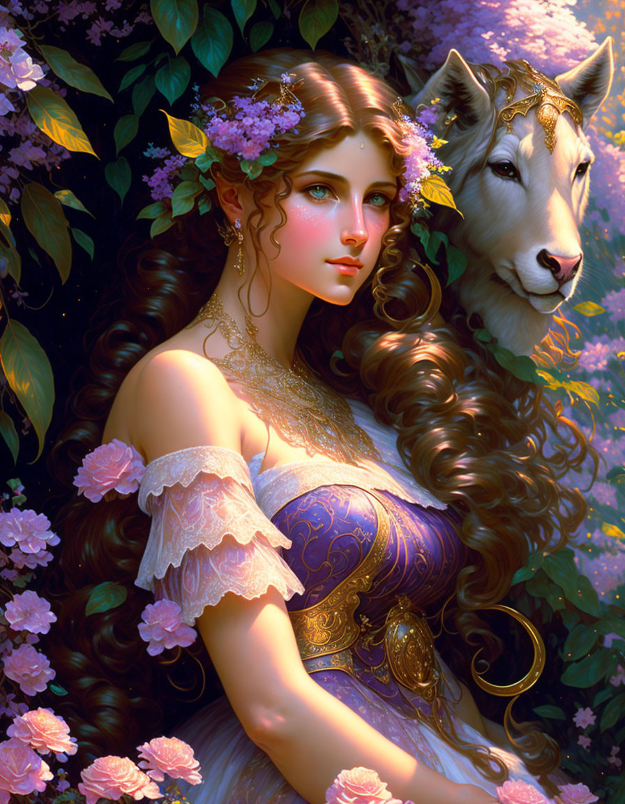 Woman with Flower-Adorned Hair and Majestic Wolf in Lush Floral Setting