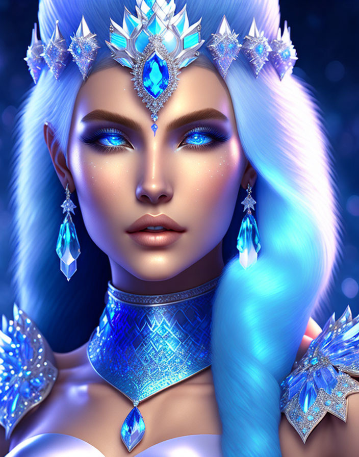 Fantasy-inspired digital artwork of female character with icy-blue eyes and crystal jewelry