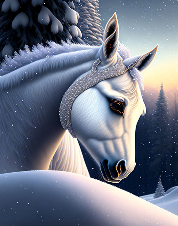 Majestic white horse with horn in snowy twilight forest