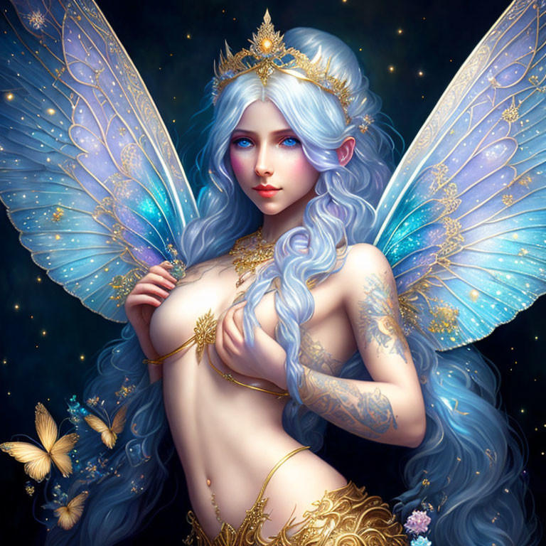 Mythical fairy digital artwork with blue hair and translucent wings