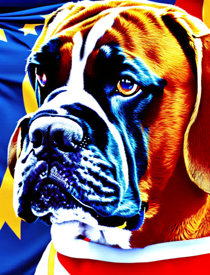 Colorful illustration of stoic dog against American flag backdrop