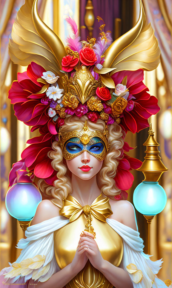 Colorful illustration of woman with golden horns in masquerade mask.