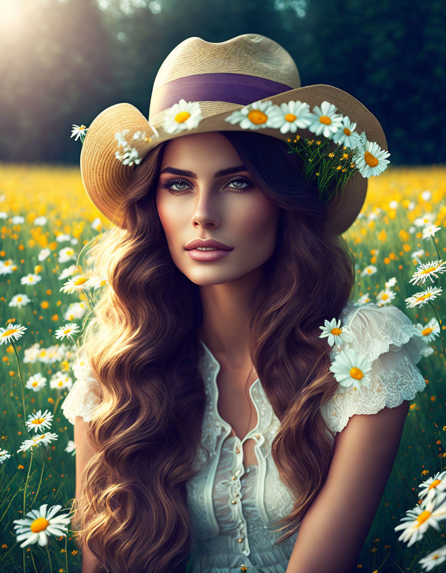 Woman with flowing hair in daisy hat surrounded by wildflowers