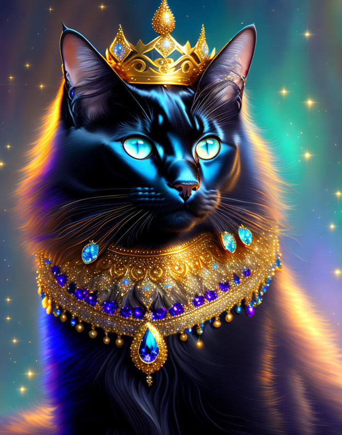 Majestic black cat with blue eyes, golden crown, and cosmic backdrop