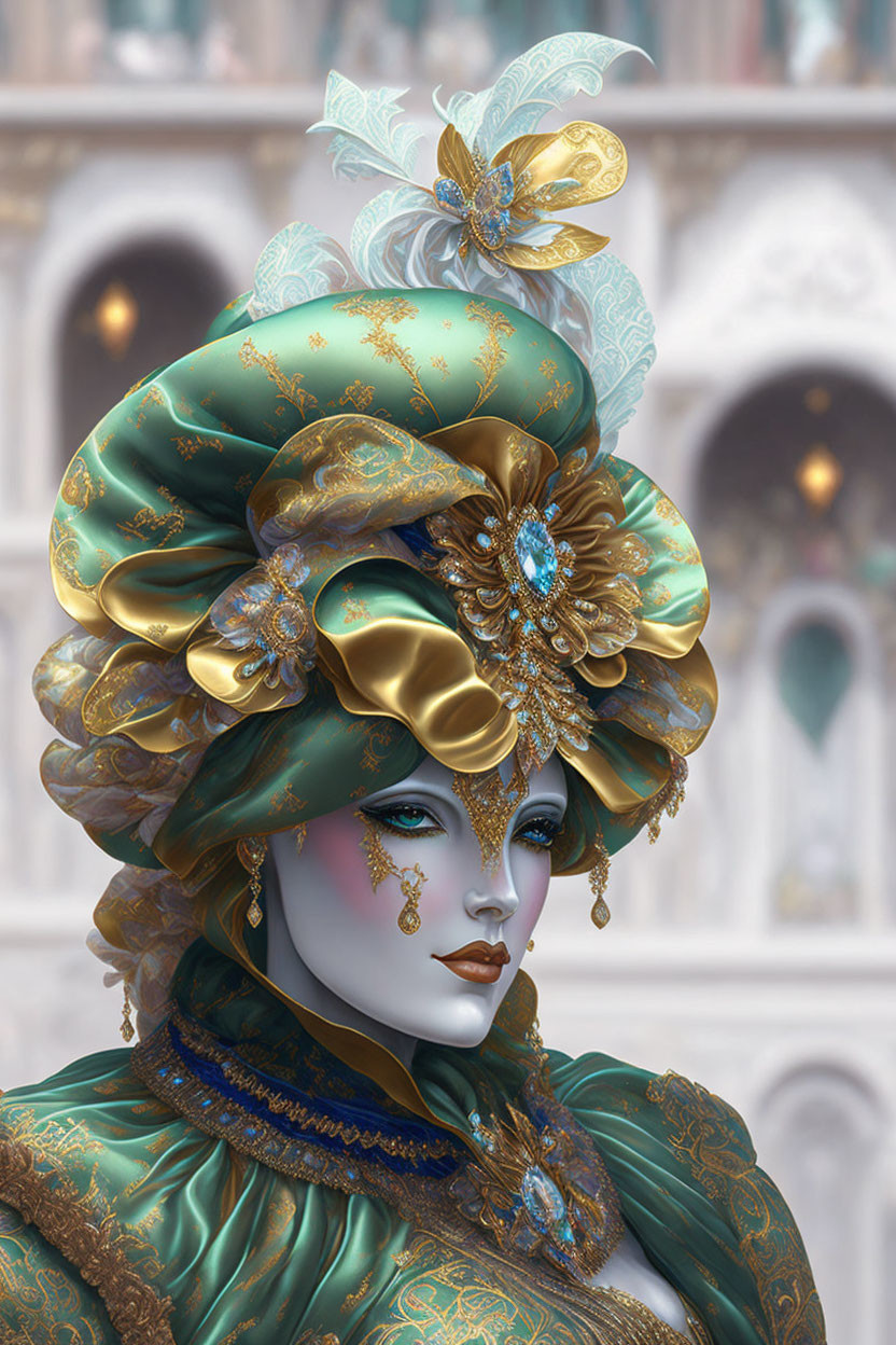 Elaborate Turquoise and Gold Costume with Mask at Venetian-Style Event