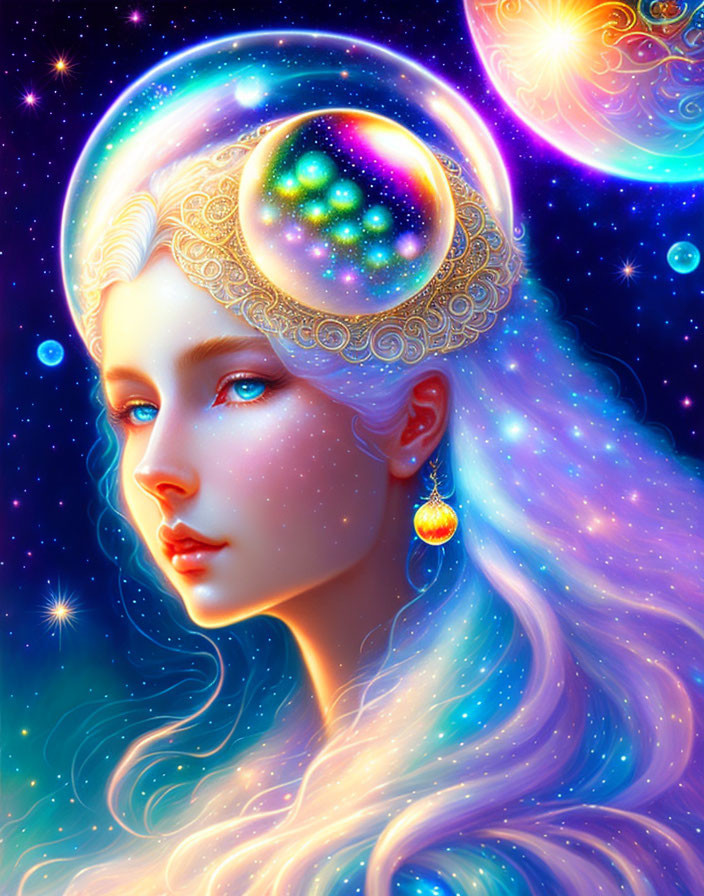 Cosmic-themed portrait of a woman with blue eyes and white hair