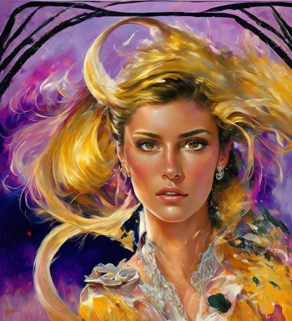 Vibrant artwork of woman with flowing blonde hair and intense gaze