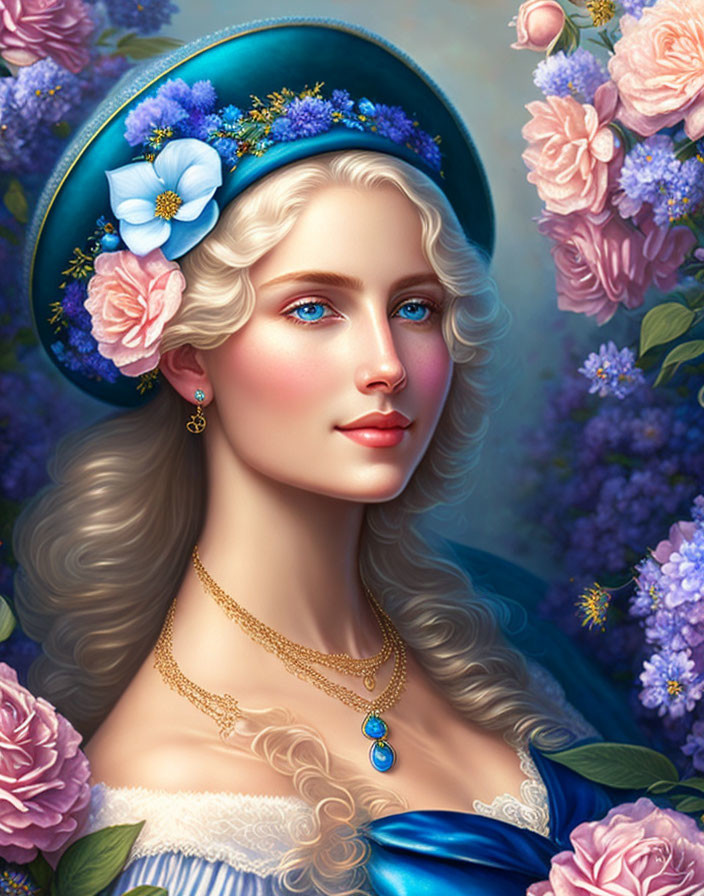 Portrait of a woman with blue eyes and blonde hair in blue hat with flowers, golden necklace, against