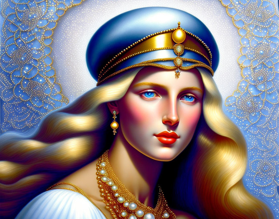 Blonde woman in blue headdress with gold and pearls