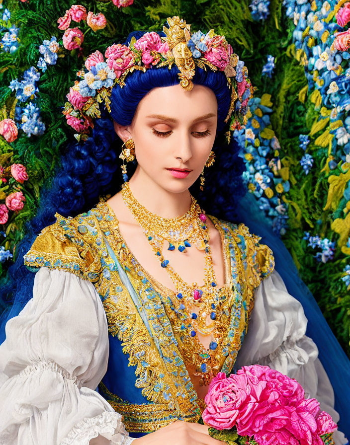 Historical woman in ornate clothing with blue and gold headdress among colorful flowers holding a pink bloom