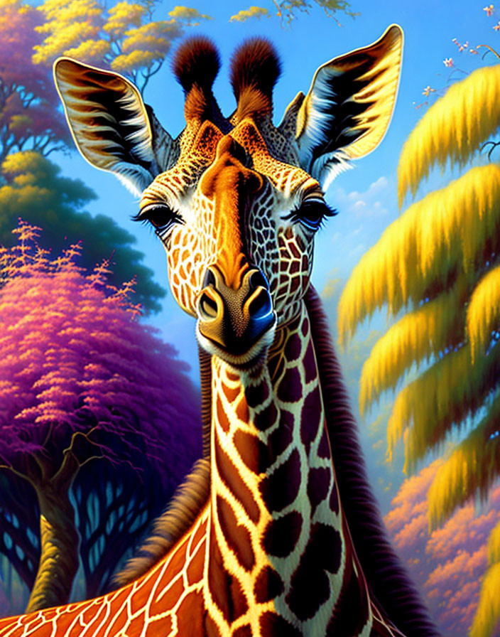 Colorful Giraffe Head and Neck Illustration with Surreal Purple and Yellow Trees