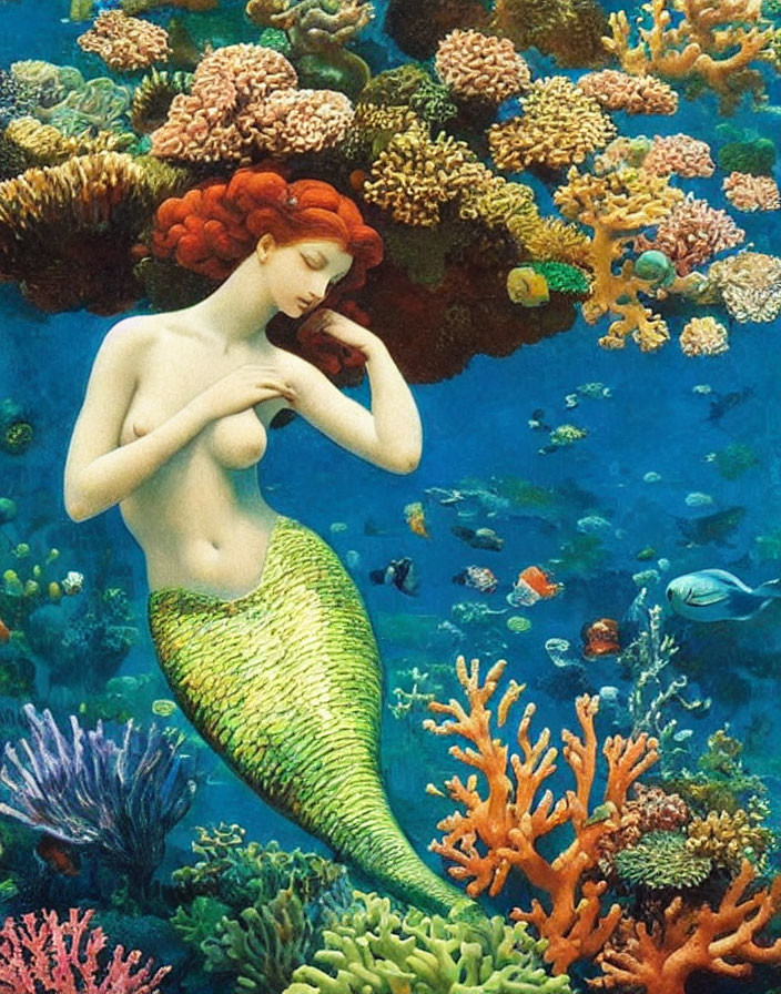 Red-haired mermaid with green tail in vibrant coral reef with fish - serene underwater scene