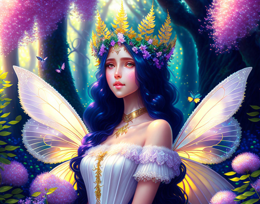 Shimmering fairy with flower crown in magical forest