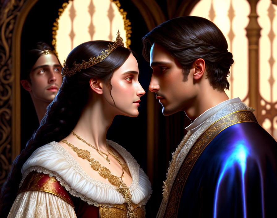 Medieval princess and prince touching foreheads in ornate corridor with observer.