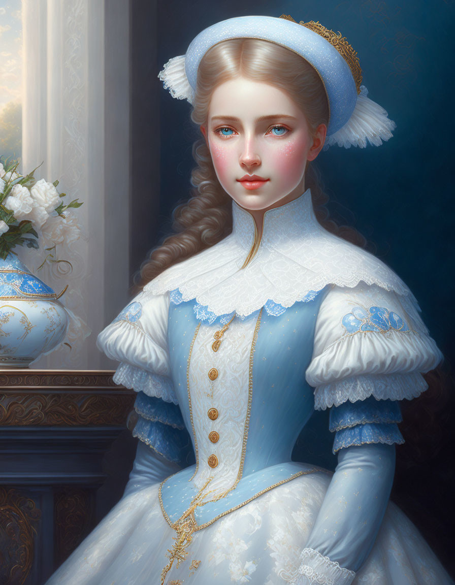 Woman in Blue and White Period Dress with Lace Collar and Braided Hair