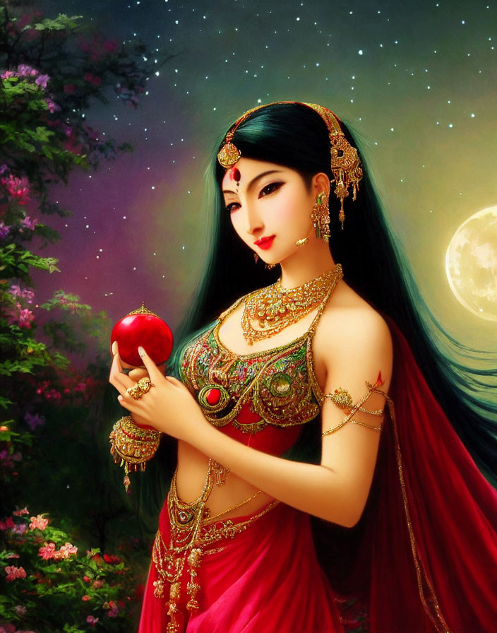 Illustration of woman with blue hair, gold jewelry, red sari, apple, moonlit floral