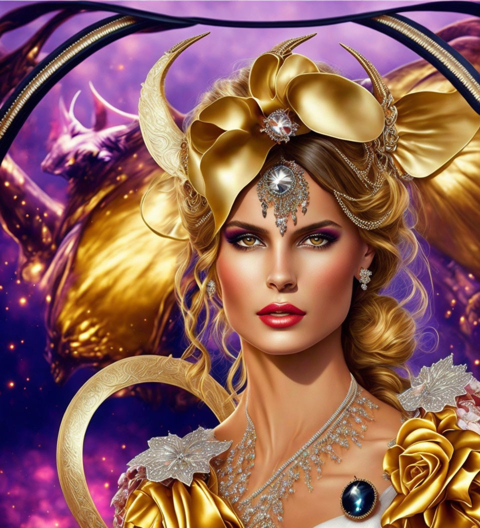 Fantasy-themed digital artwork of a woman with golden horned headdress