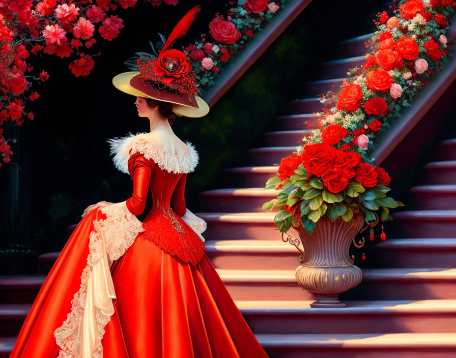 Victorian woman in red dress by floral staircase