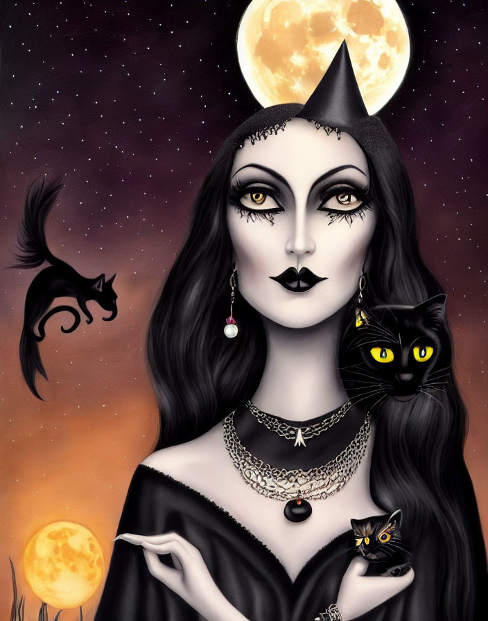 Gothic-style woman with half-moon headdress and black cat in moonlit scene