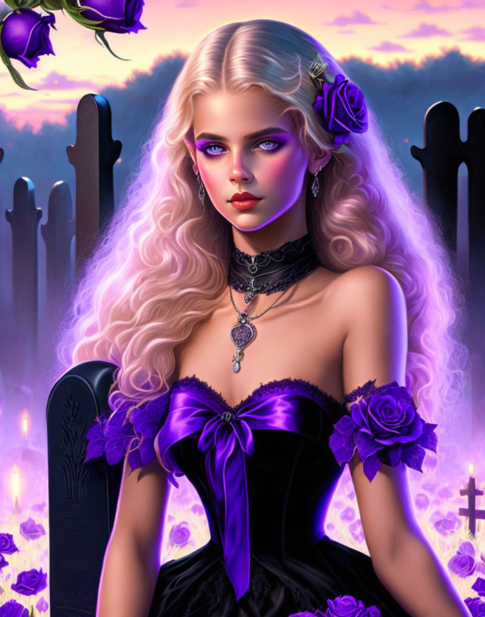 Blonde Woman with Blue Eyes in Gothic Dress and Flowers Illustration