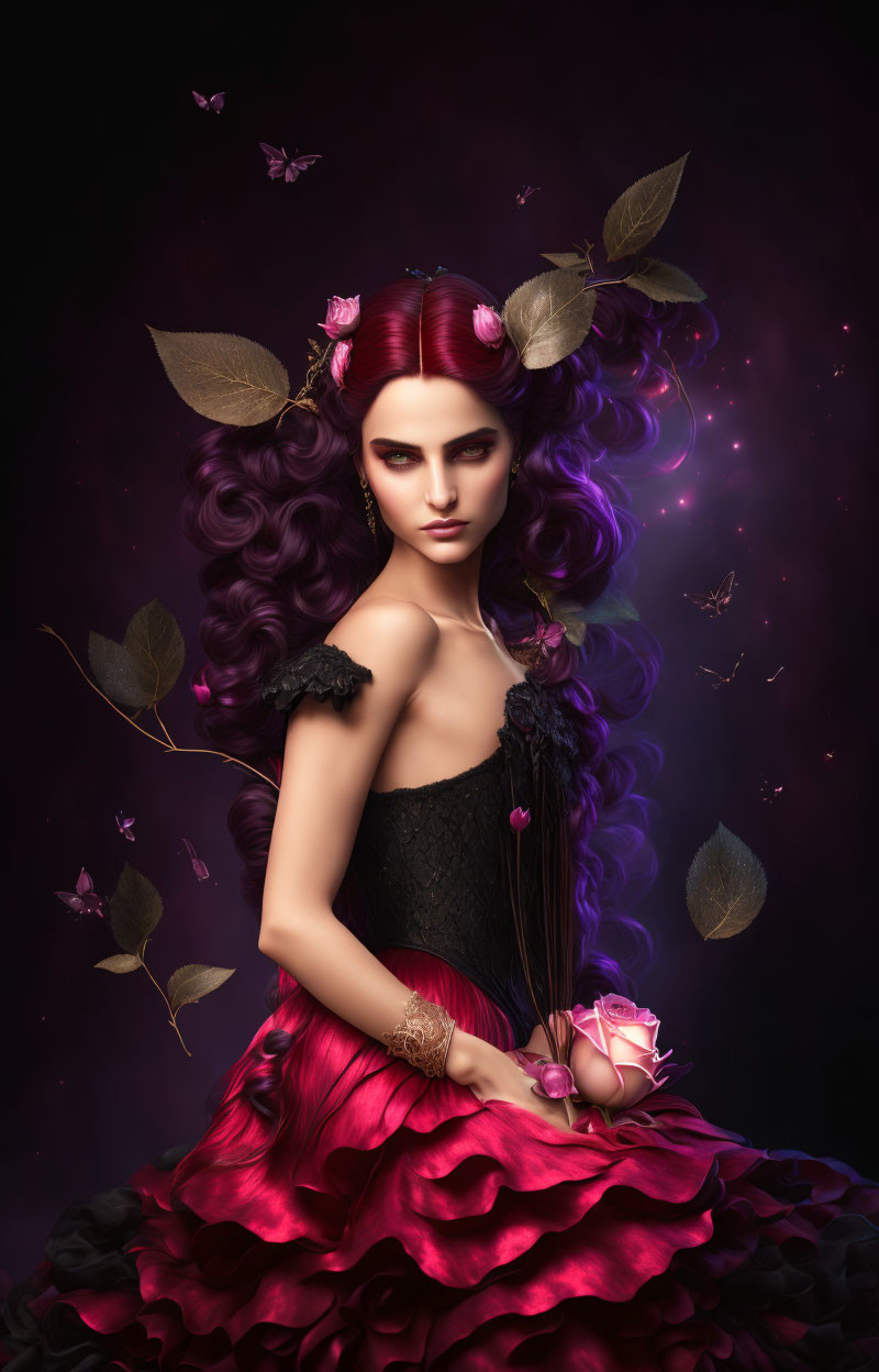 Mystical woman with purple hair in red dress surrounded by butterflies