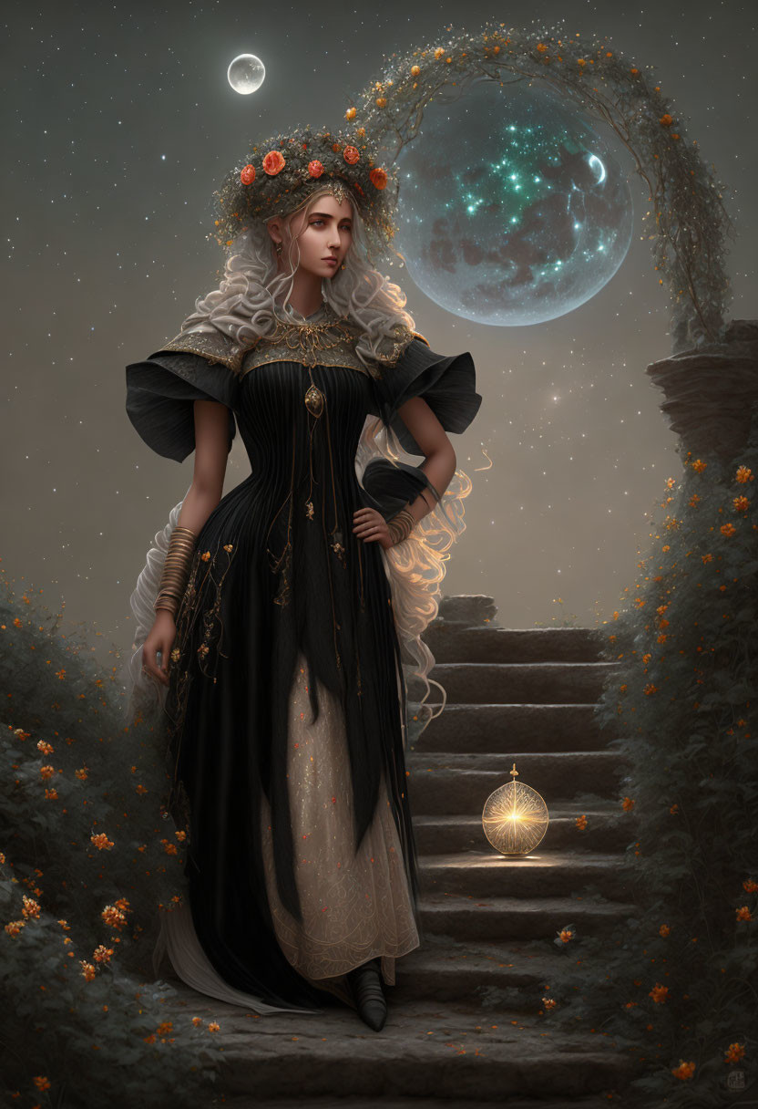 Elaborate historical black dress with floral wreath, moon, and lantern.