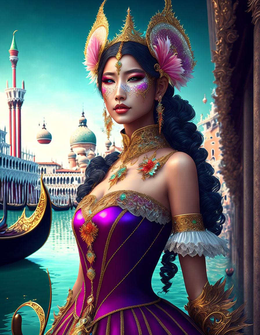 Elaborate Fantasy Makeup and Costume on Elegant Woman in Venetian Setting