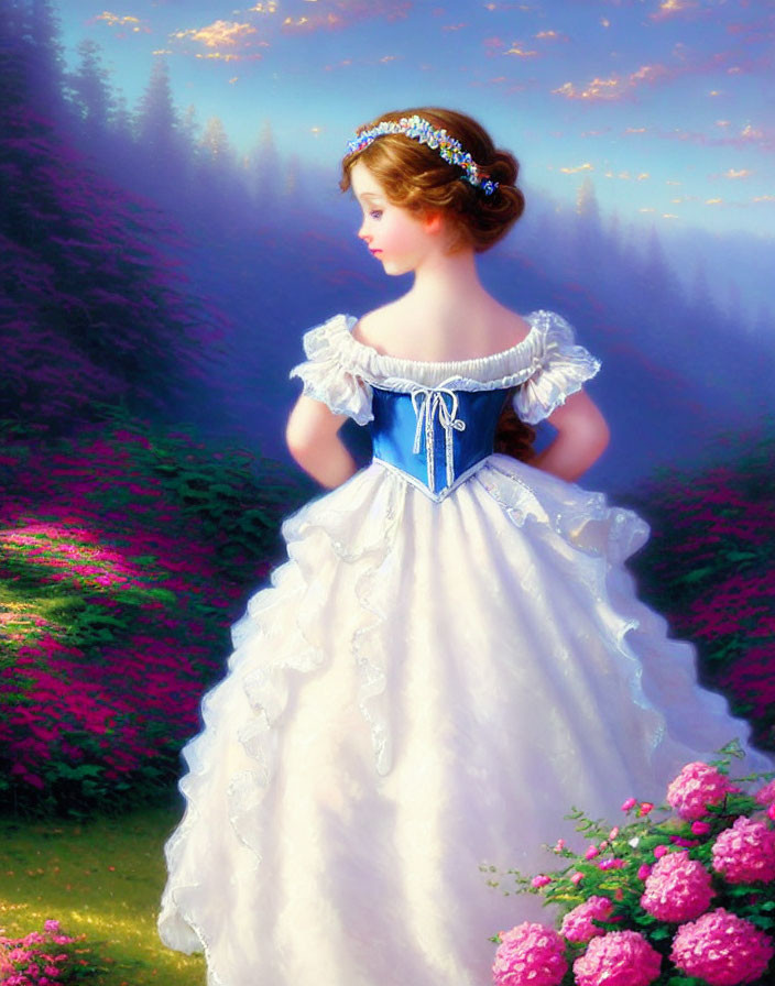 Young woman in white and blue gown in flower-filled landscape