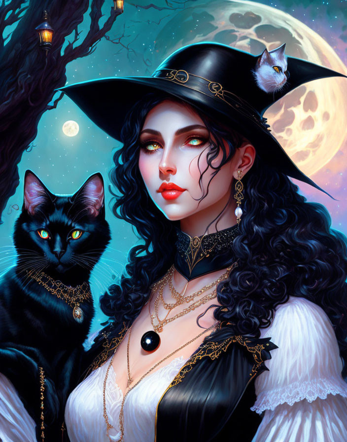 Black-haired woman in witch hat with black cat under moonlit sky.