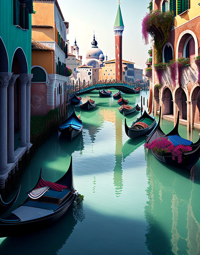 Venetian canal with gondolas, colorful buildings, and hanging gardens under clear blue sky