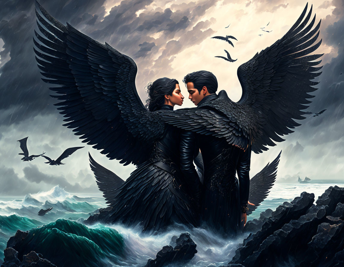 Two people with black angel wings hugging on rocky shore with stormy sea and dark clouds.