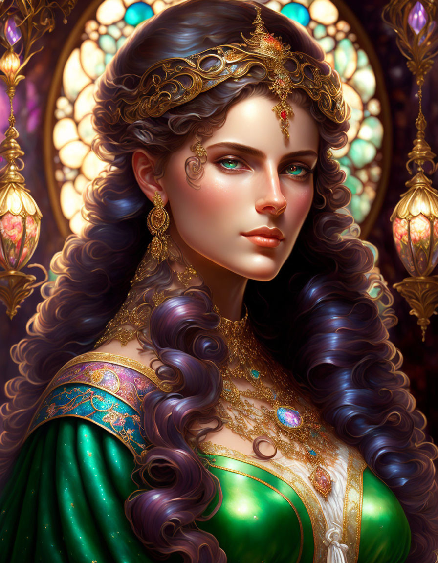 Detailed illustration of regal woman in ornate green dress, with wavy hair and intricate jewelry,