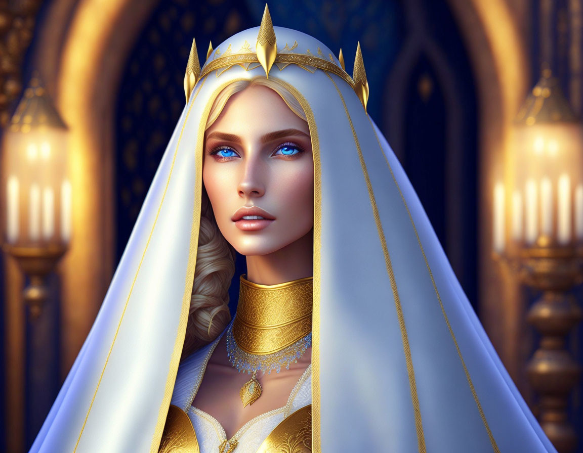 Blonde woman in golden crown and robe on royal blue background