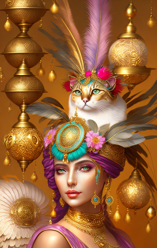 Illustration of woman with green eyes and ornate headdress, accompanied by regal cat in matching