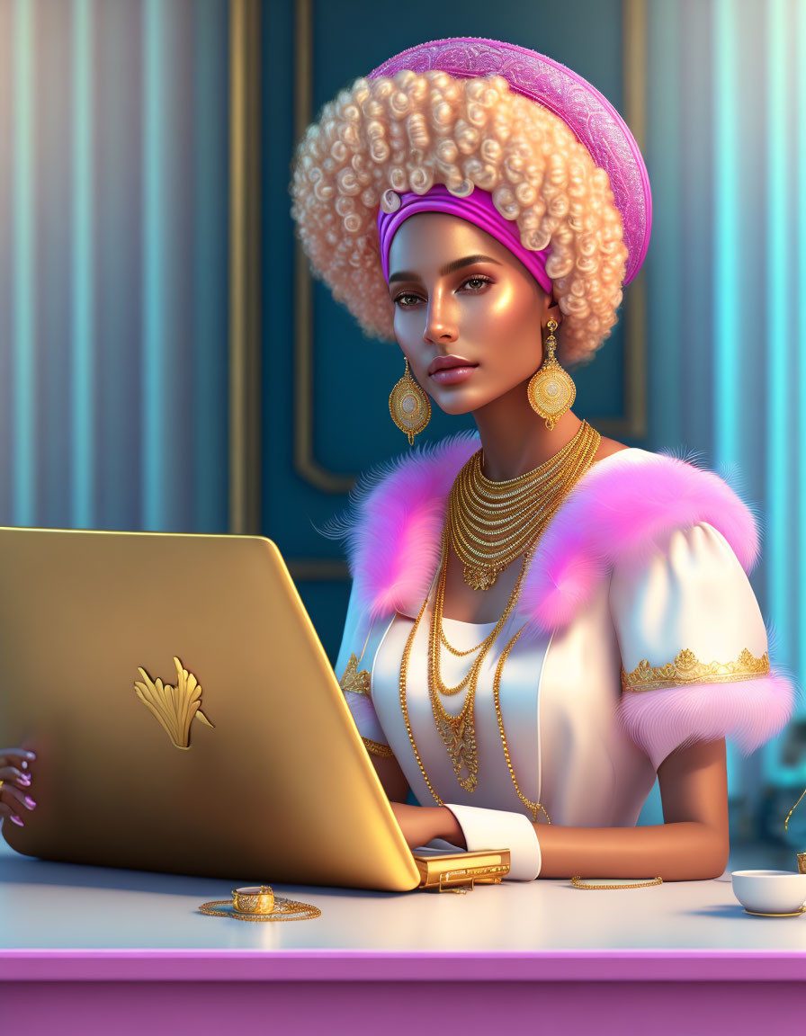 Stylized 3D rendering of woman with golden jewelry and purple turban using gold-logo laptop