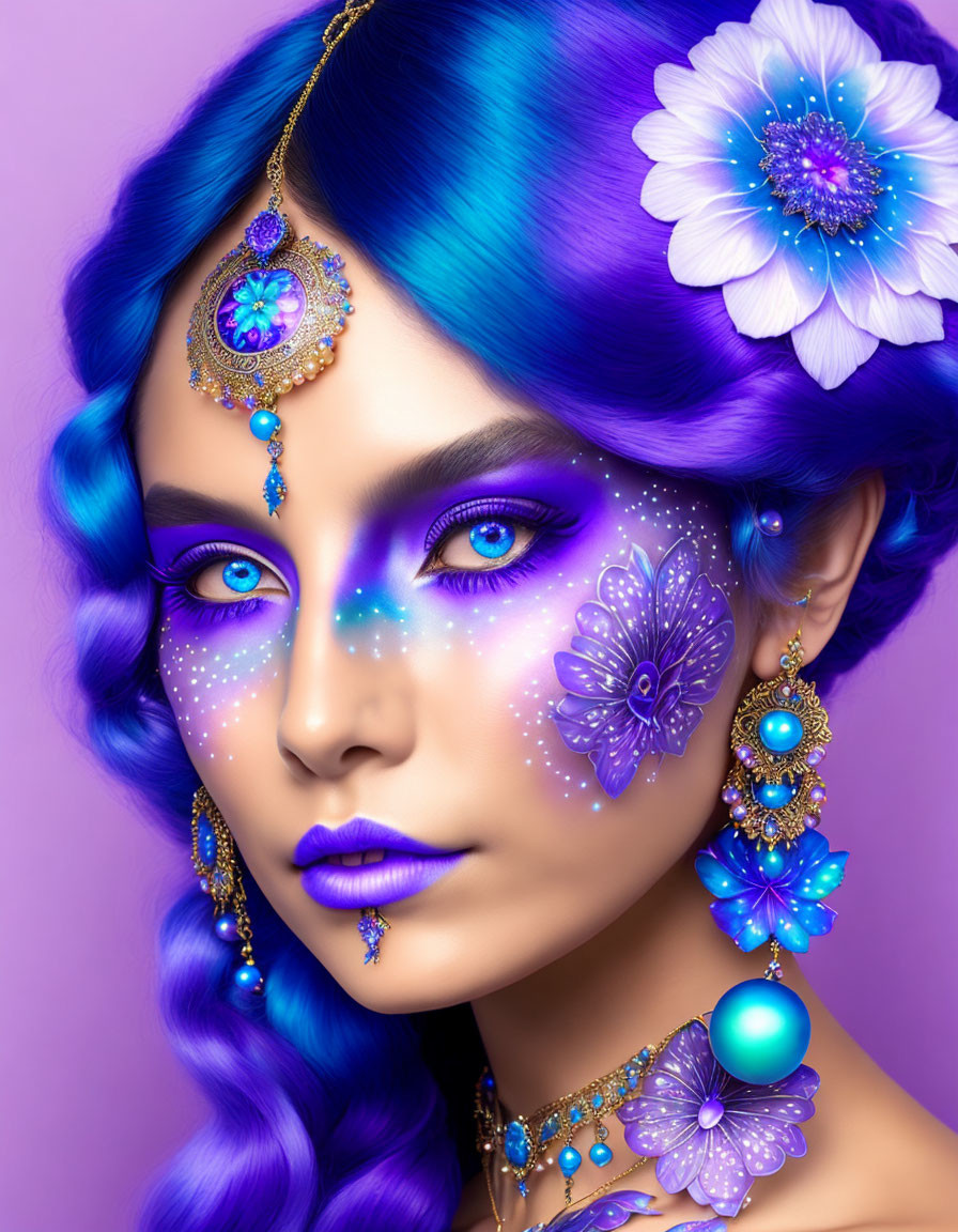 Colorful portrait of woman with blue and purple makeup and floral accessories on purple backdrop