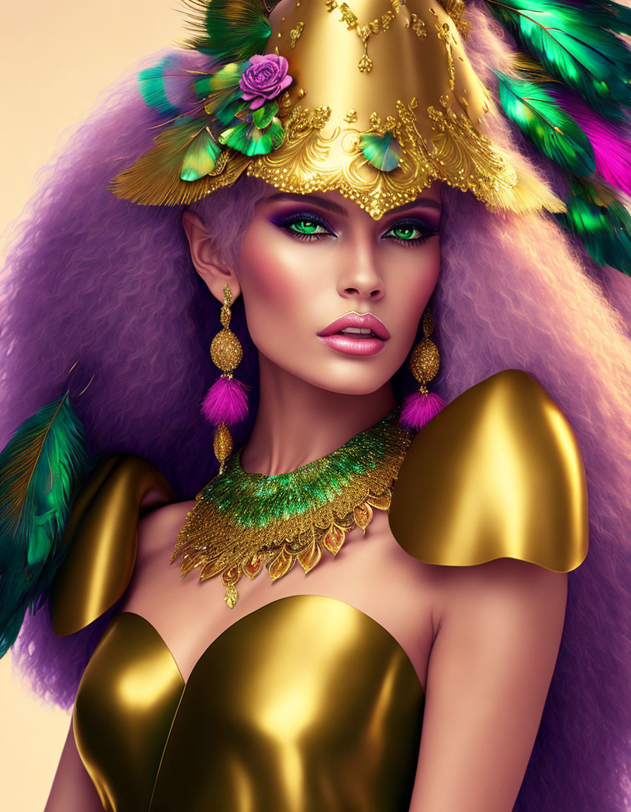 Portrait of woman with green eyes, purple hair, golden hat, jewel earrings, emerald necklace