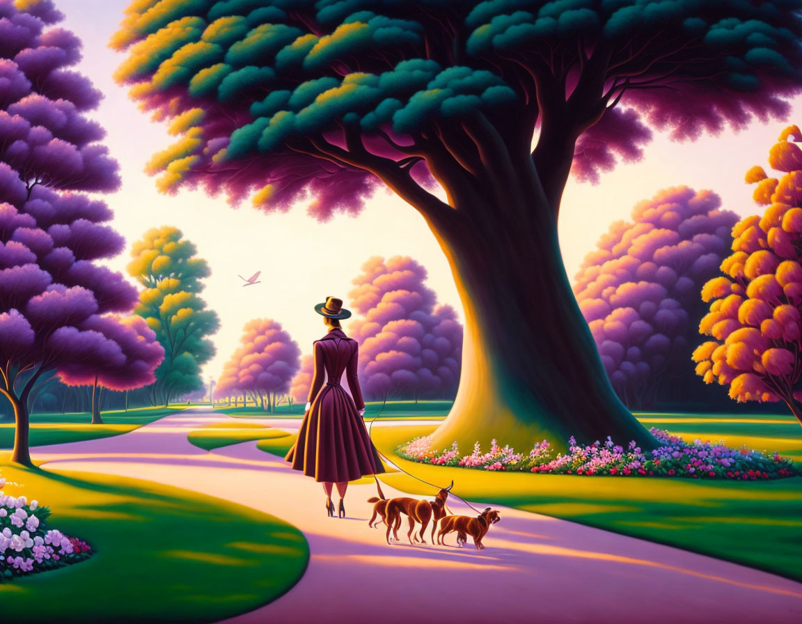 Woman Walking Two Dogs in Vibrant Park Setting