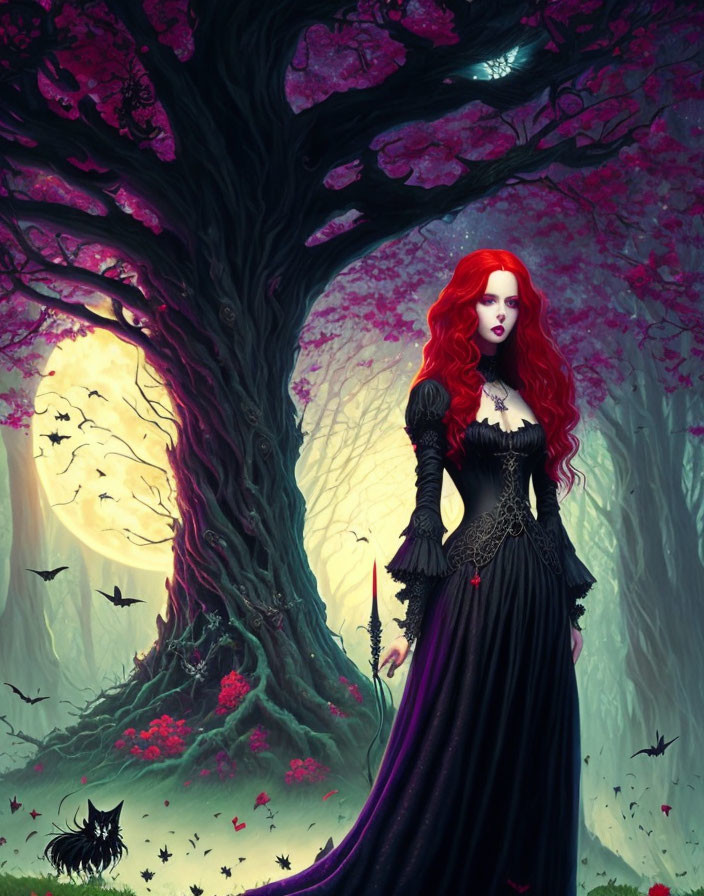 Red-haired woman in black gown under purple tree with full moon, bats, and black cat.