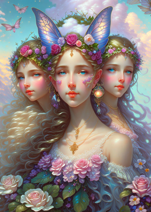 Ethereal figures with butterfly wings and floral crowns in pastel sky.