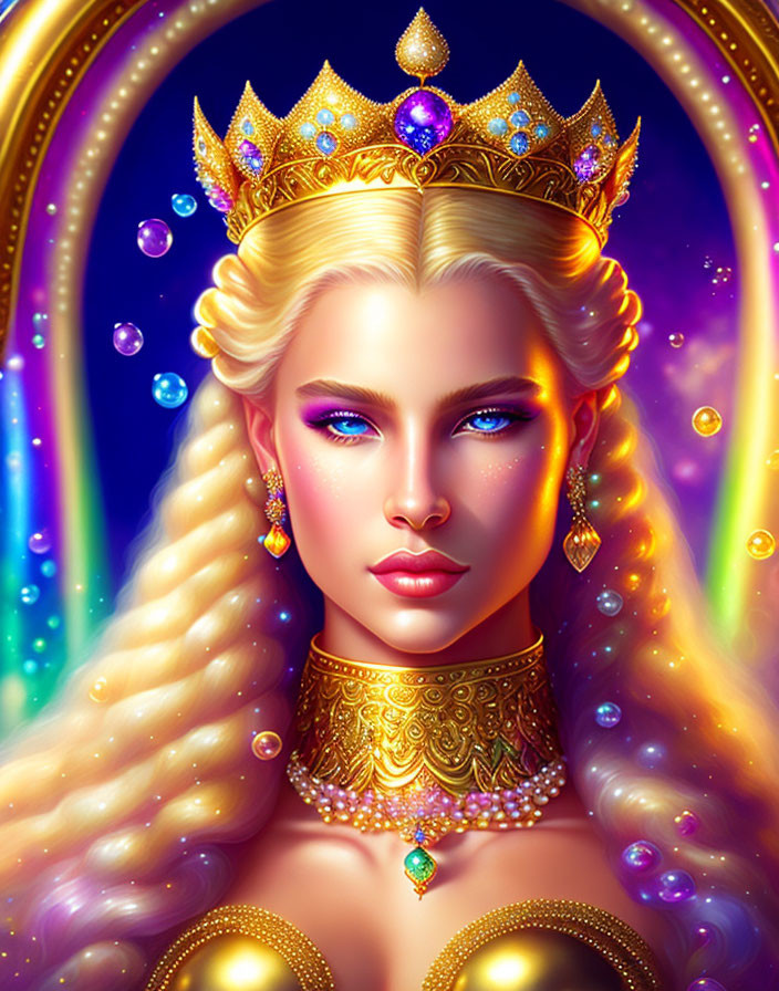 Regal woman with blonde braided hair and golden crown in digital illustration